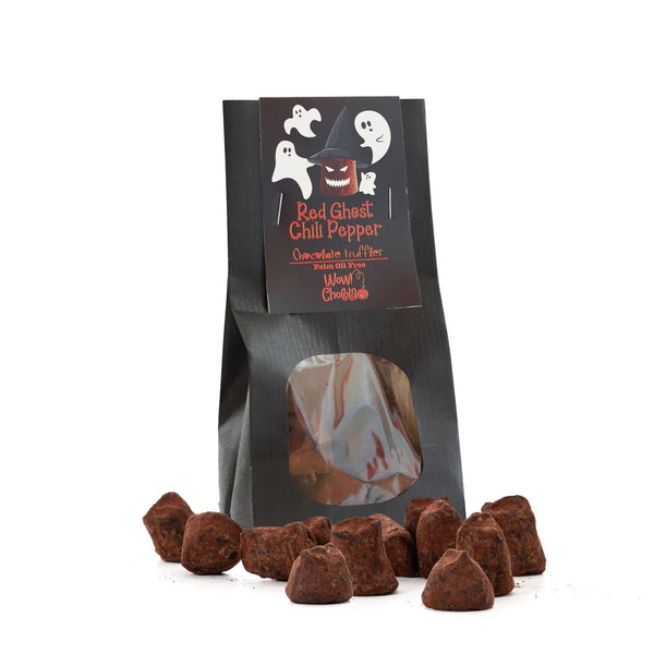 Rote Ghost-Chili-Schoten – Halloween-Schokoladentrüffel – Biologisch abbaubare Tüte 130g