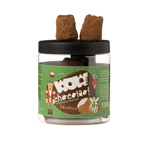 Tarro de regalo de trufas navideñas con avellanas 130g | Chocolate festivo con nueces