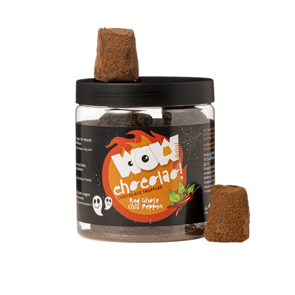 Tarro de regalo de trufas de chocolate con chiles fantasma rojos 130g | Chocolate picante de Halloween